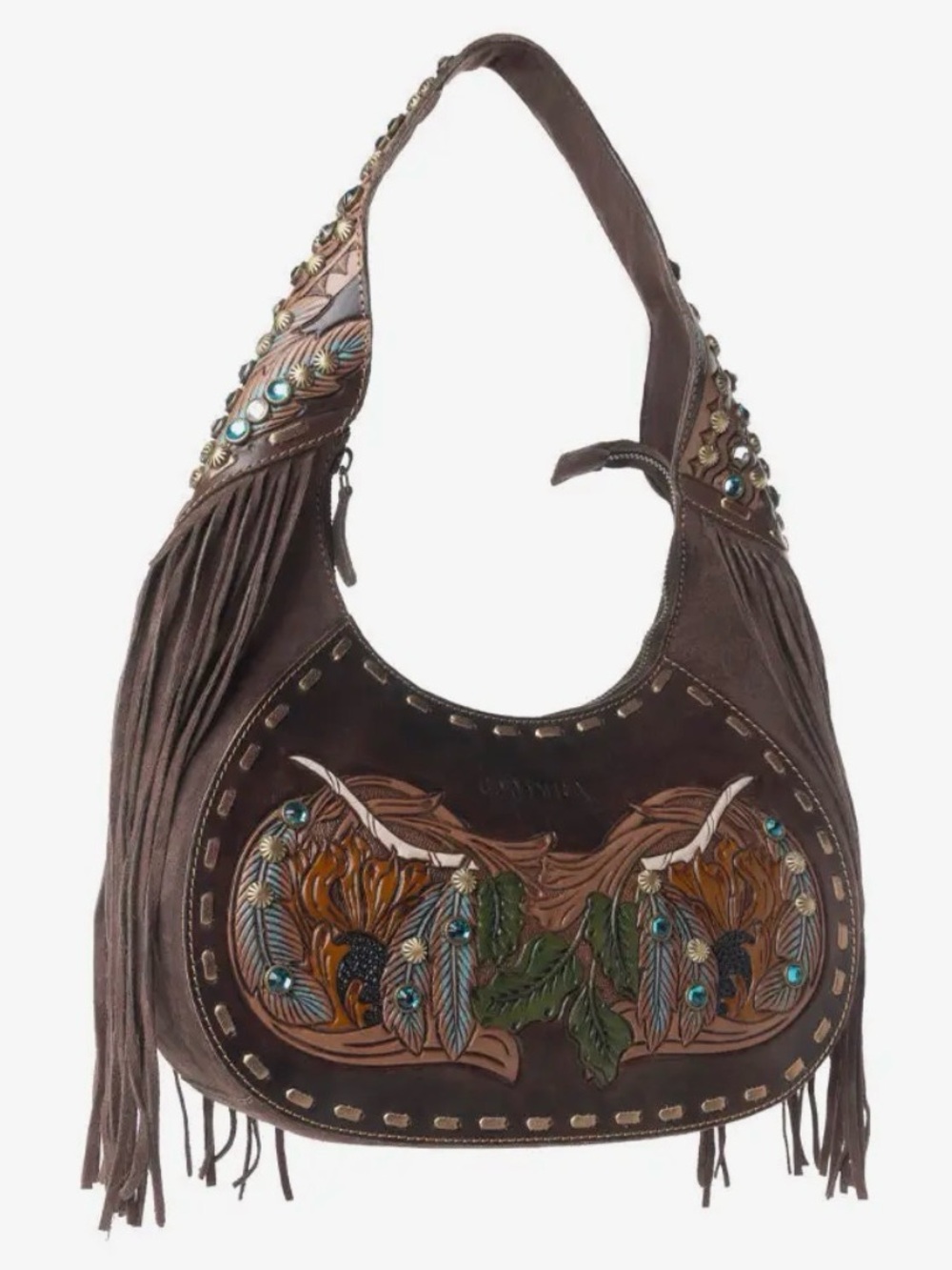 Myra Sierra Grove Hand-tooled Leather Fringe Hobo Bag in Deep Espresso
